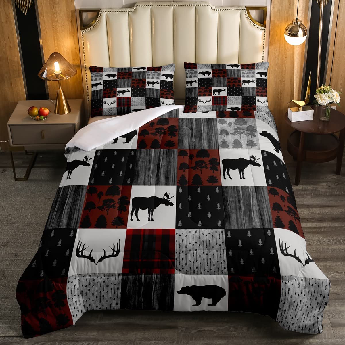 Moose Comforter Farmhouse Bear Deer Bedding Set for Boys Girls Women Men Buffalo Check Plaid Comforter Set Red Gray Bohemian Arrow Room Decor Full Size Quilt Set 3Pcs