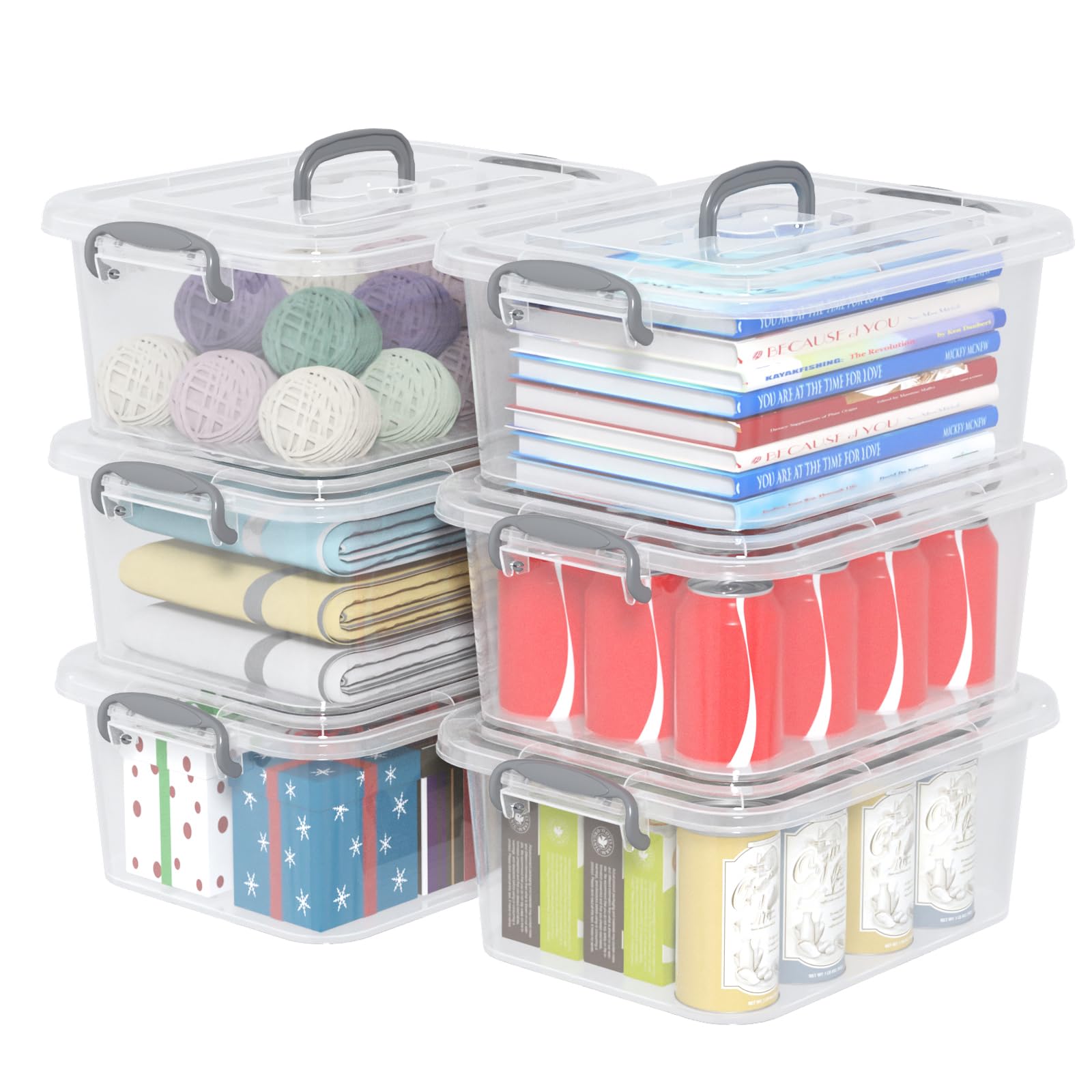 Ysmiltion 8 Litres Clear Plastic Storage Boxes with Lid, 6 Packs, Grey