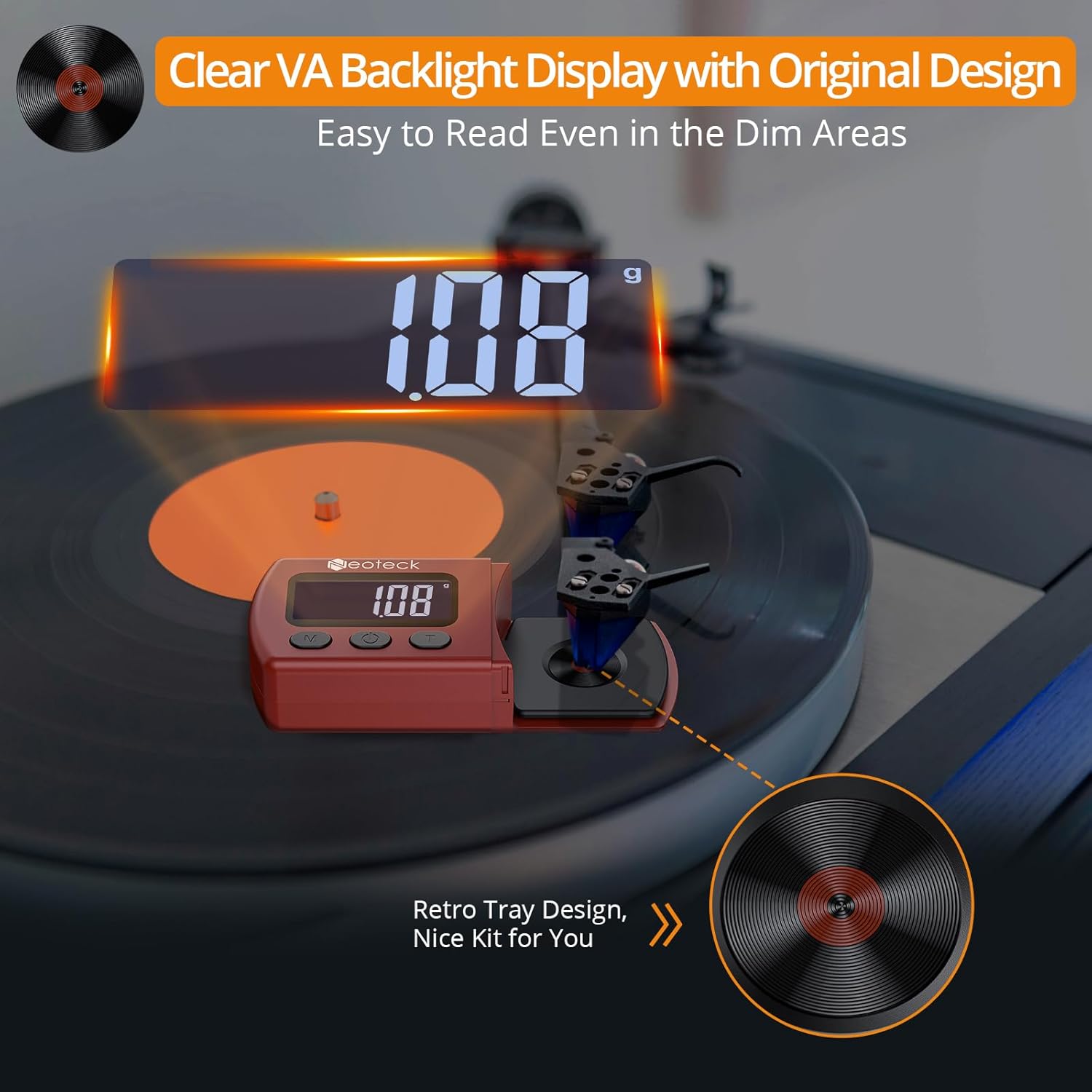 Neoteck Digital Stylus Force Gauge on a turntable platter, displaying '1.08g' on its backlit LCD screen, with a close-up of its retro tray design.