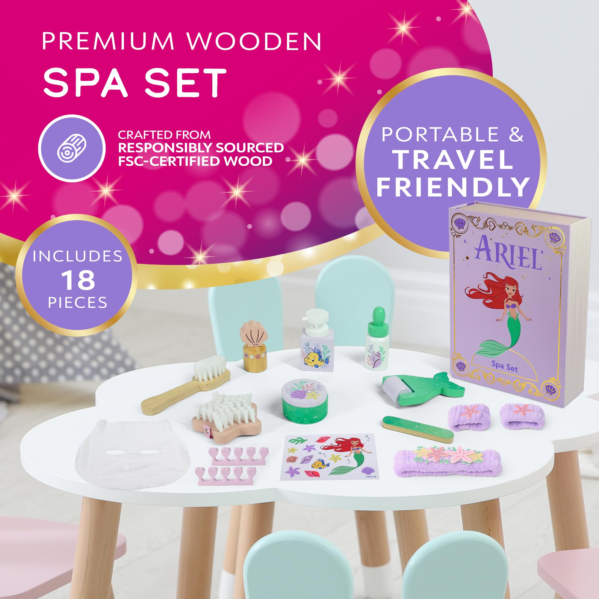 Disney Princess Ariel Wooden Spa Set for Kids, 18 Piece Pretend Beauty Playset with Mirror Book Box - Image 3