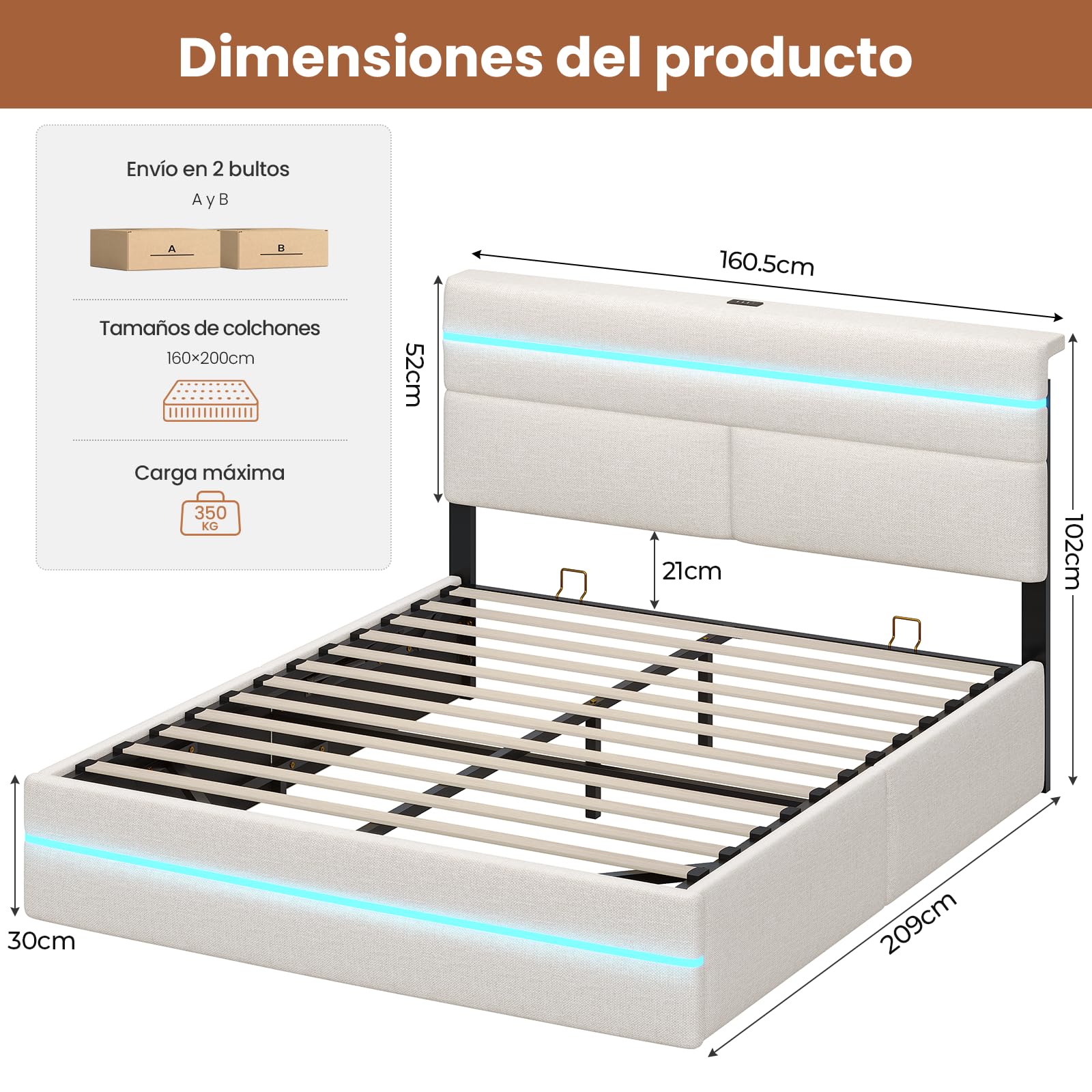 AOGLLATI Cama Matrimonio 160x200 con Almacenamiento Hidráulico, Beige | Cama Tapizada con LED y Estación de Carga, Estructura Cama con Cabecero Tapizado, Cama Doble con Canapé de Gran Capacidad