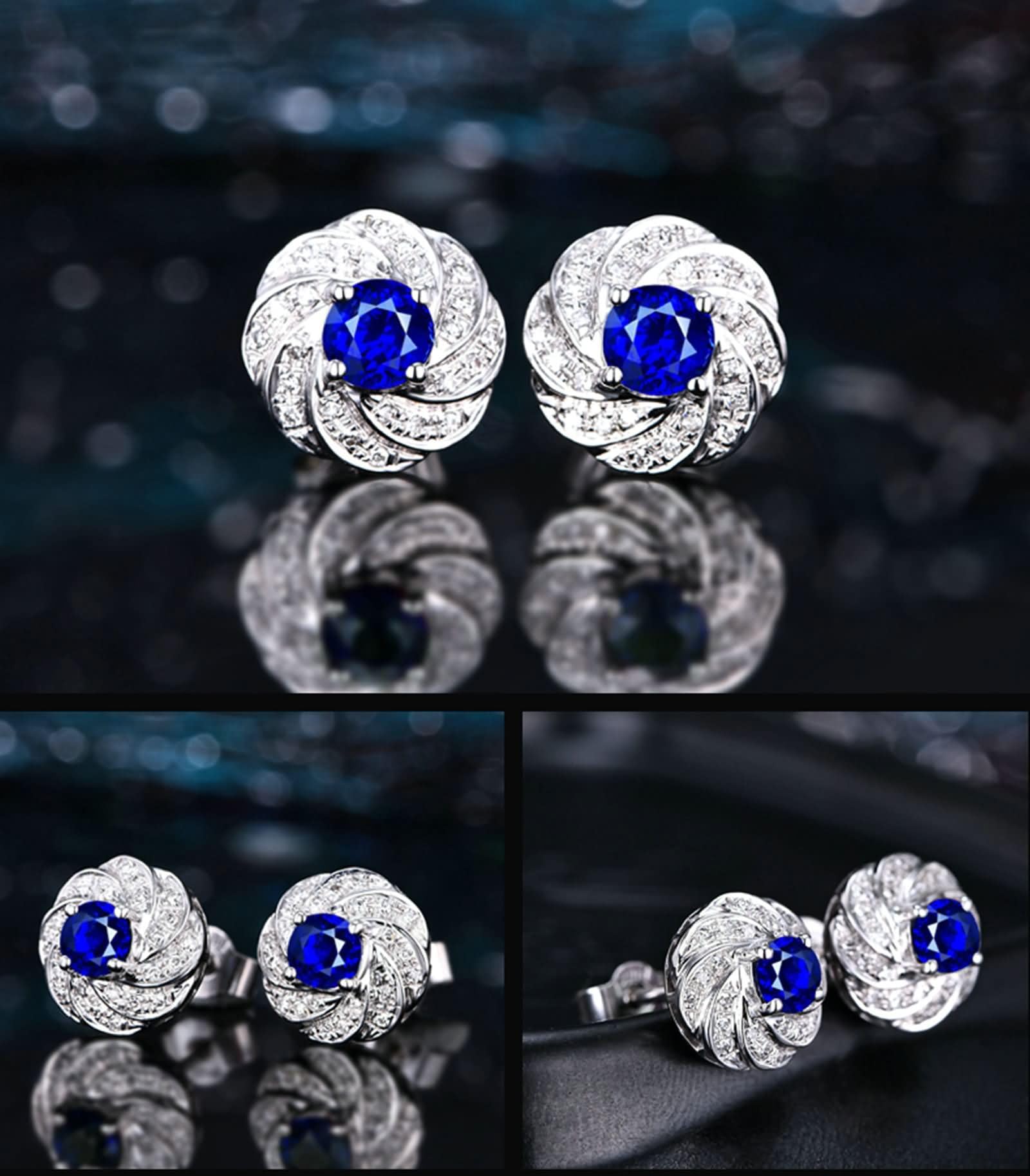 Ohrringe 9K / 14K / 18K Weißgold für Damen, Rund mit Saphir 0,72 Karat / 1 Karat und Diamant, Ohrringe Blau Silber Frauen für Hochzeit