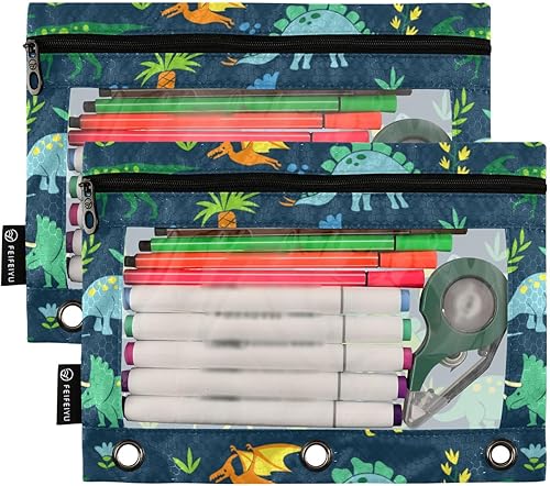 Miniatura 2 de Emelivor Estuche para lápices de dinosaurio verde para carpetas de 3 anillas, paquete de 2 bolsas de gran capacidad con cremallera transparente para