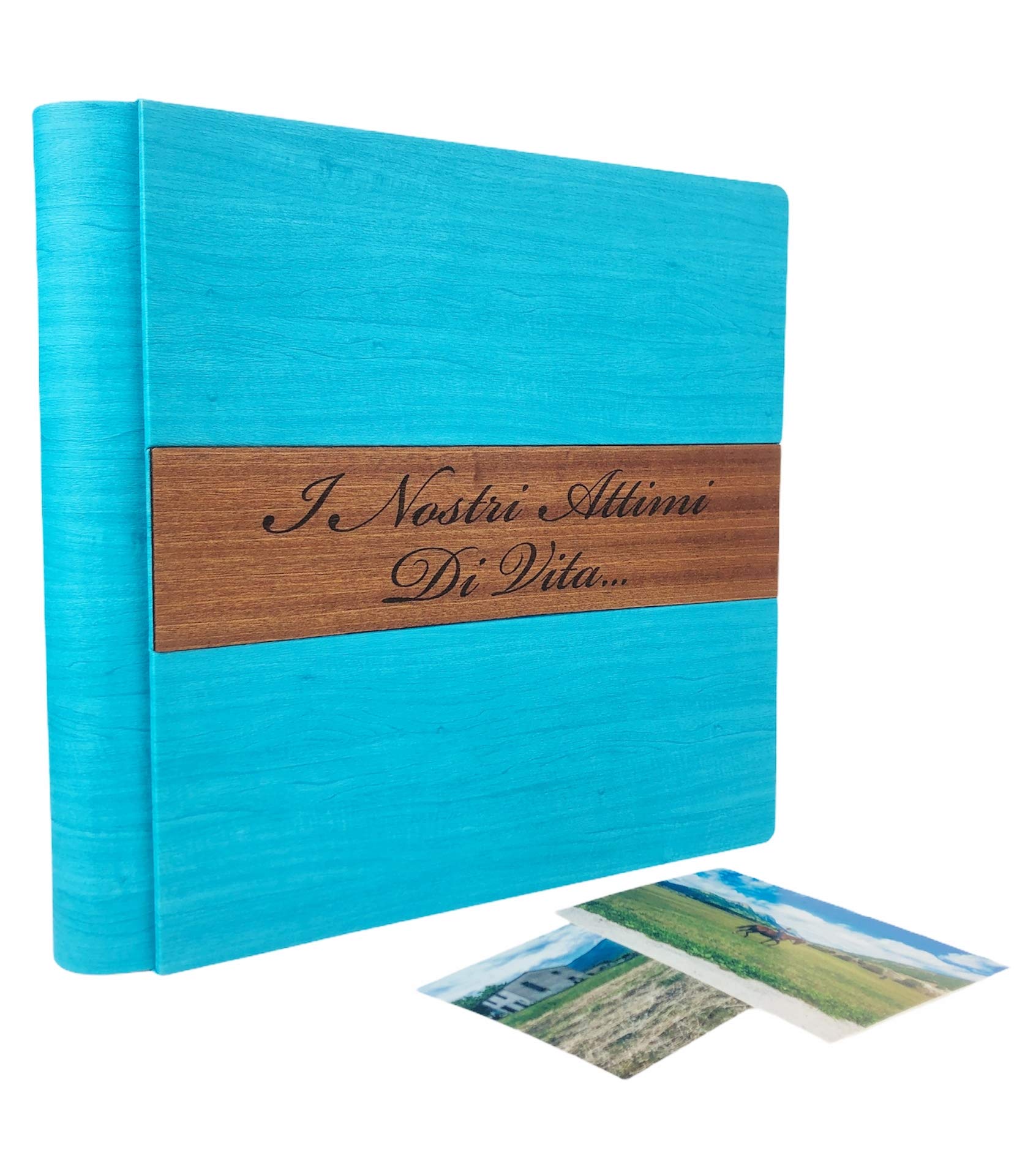 Álbum de fotos en fina polipiel, personalizable con aplicación en madera. Ideal para Bautismo, Boda, Comunión y foto recuerdo