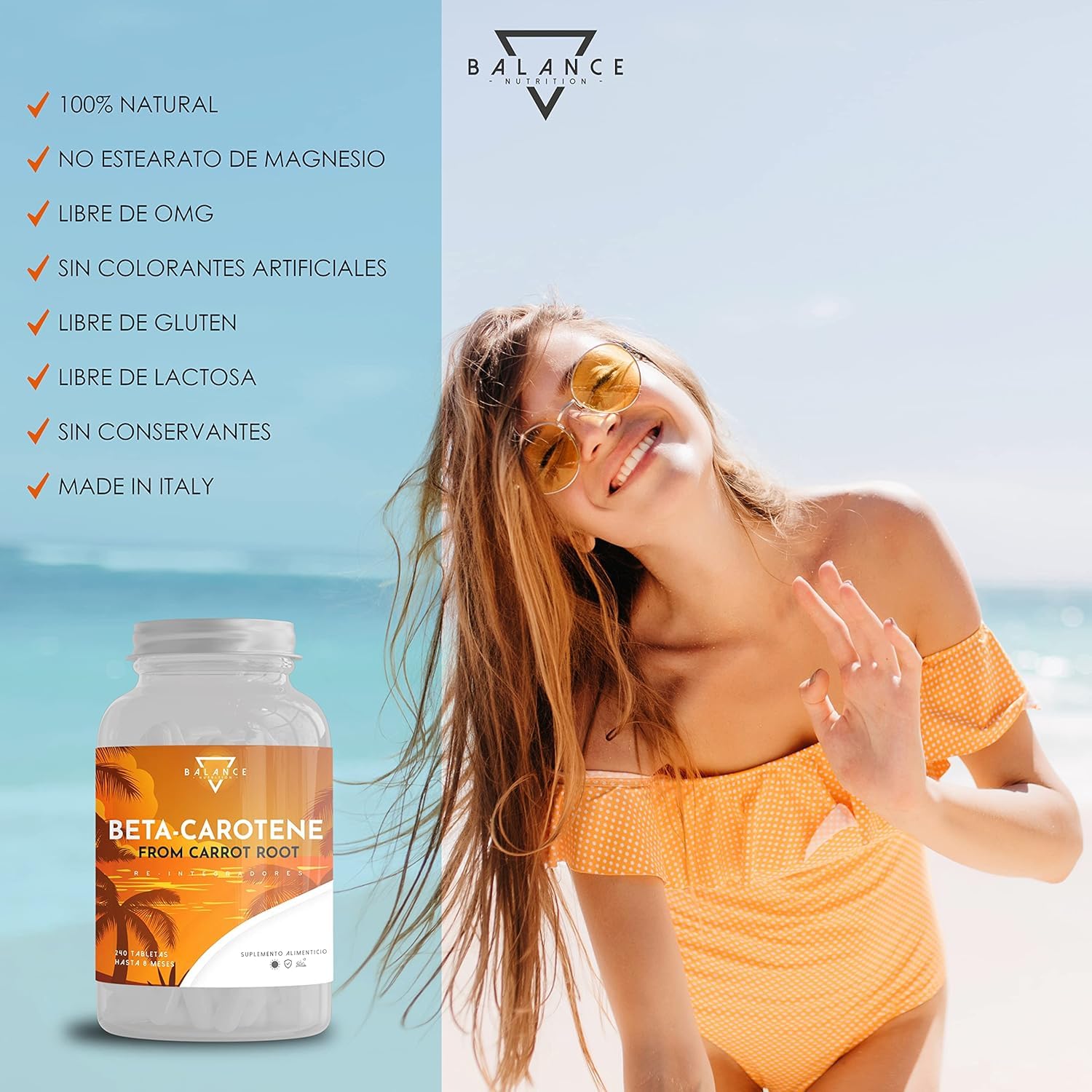 ACELERADOR BRONCEADO - 240 COMPRIMIDOS (Suministro para 8 Meses) | Betacaroteno Capsulas | Betacaroteno para un Bronceado Fuerte, de Extracto de Zanahoria | 100% natural