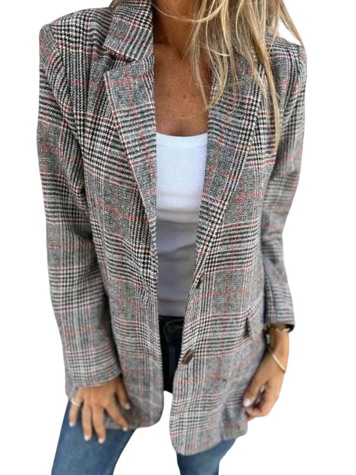 utcoco Womens Vintage Plaid Blazer Oversized Lapel Collar Long Sleeve Casual Work Office Jacket