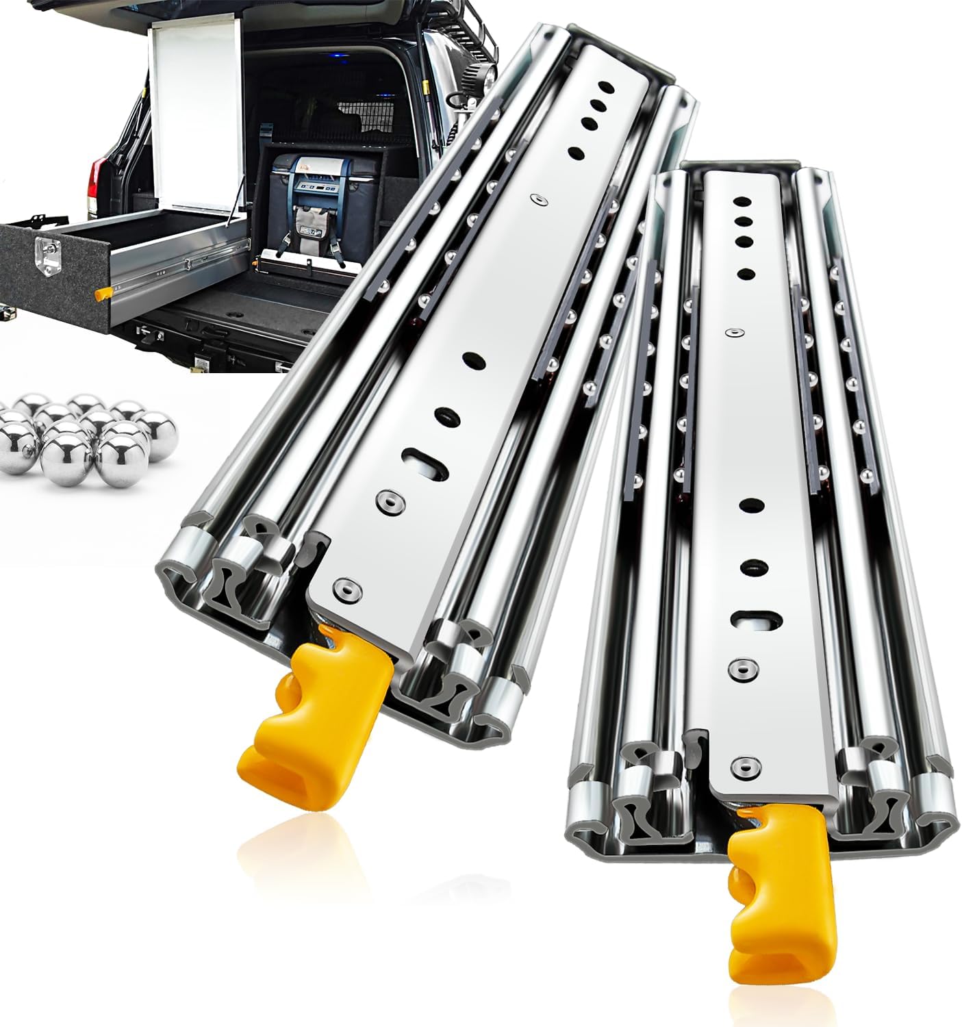 YENUO Heavy Duty Drawer Slides with Lock 12 14 16 18 20 22 24 26 28 30 32 34 36 38 40 44 48 52 56 60 Inch Full Extension Side Mount Ball Bearing Locking Rails Track Glides Runners Load 300 Lbs 1 Pair