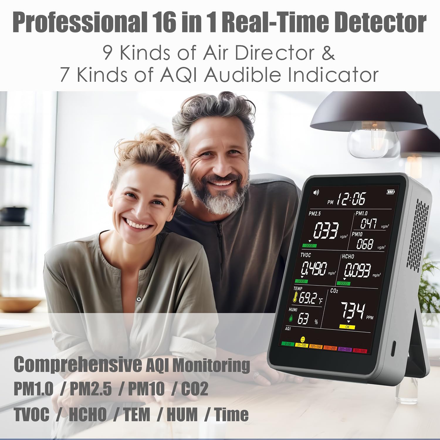 16-in-1 Indoor Air Quality Monitor, High-Precision Multi-Parameter Smart Air Quality Tester with HD Real-Time Color Screen, Portable Air Quality Monitor for Home, Office (Mist Slate Gray)
