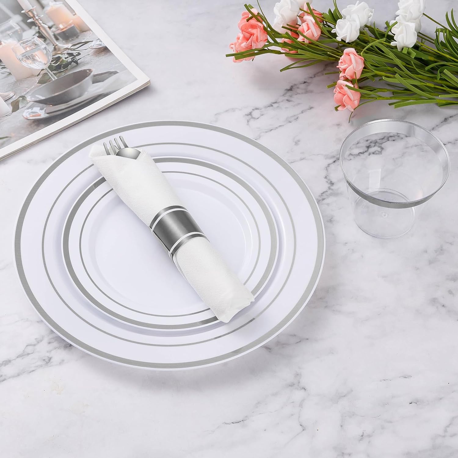 Goodluck 50 Pack Pre Rolled Silver Plastic Silverware, Wrapped Plastic Cutlery Set with Napkin Include 50 Forks, 50 Knives, 50 Spoons and 50 Napkins, Fancy Disposable Silverware for Party, Wedding - Image 6