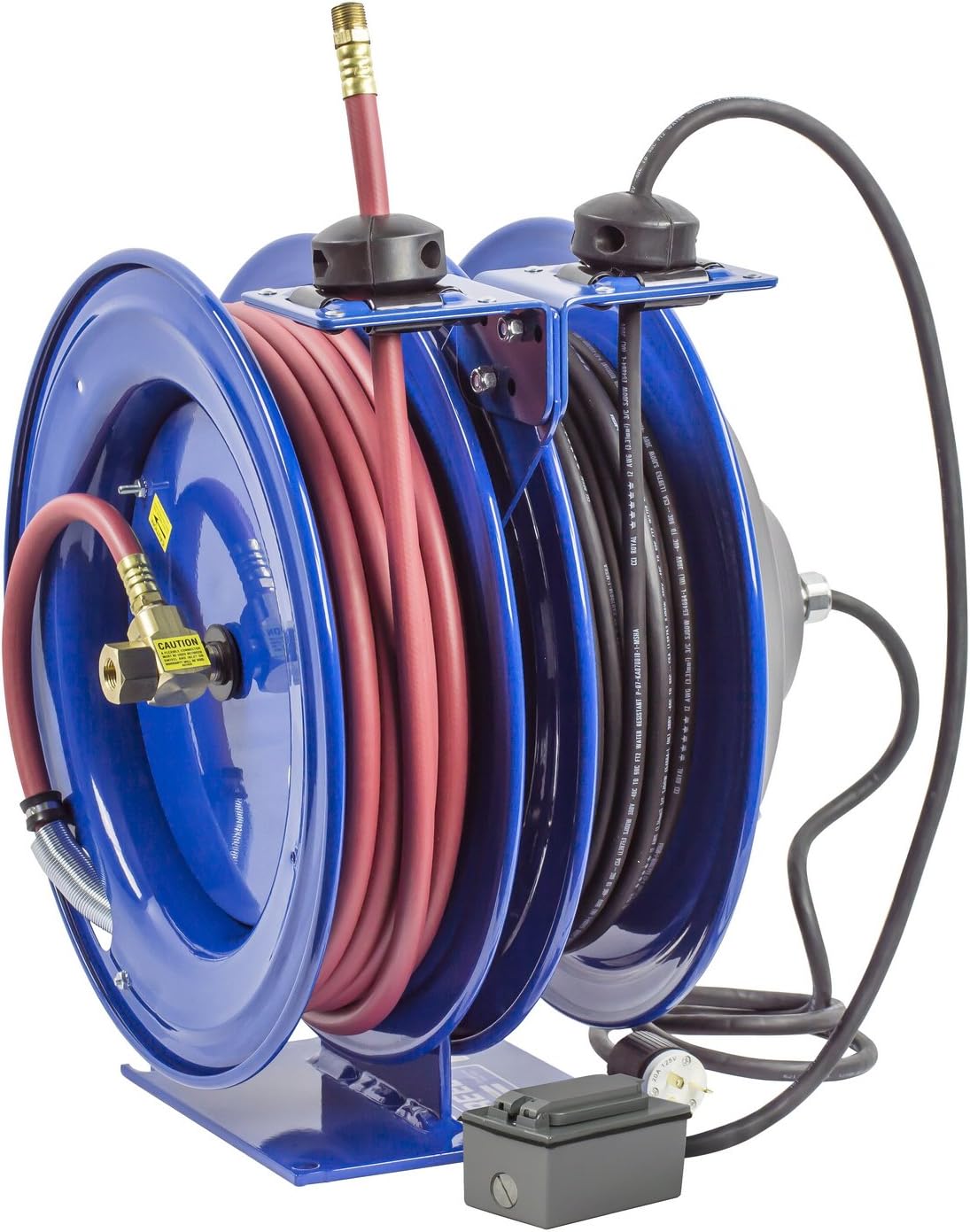 Coxreels C-L350-5016-F Dual Purpose Electric/Air Retractable Power Cord Reel - โ
โ Hose ID - 16 AWG - Heavy-Duty 50โ SJO Cord, 50โ PVC Hose and G.F.C.I. Receptacle Included - 300 PSI - Made in USA