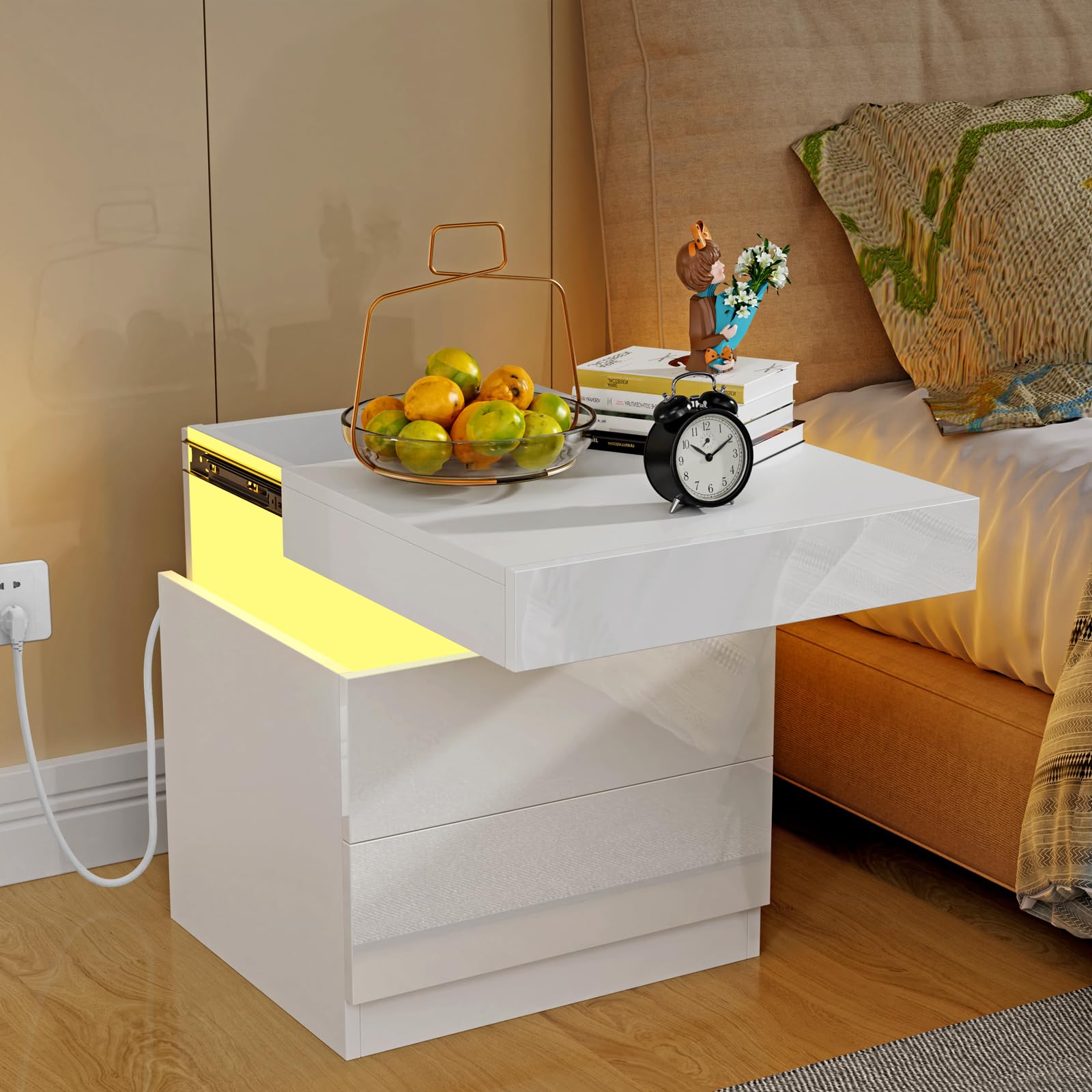 Comodino Camera da Letto con LED, Con Stazione di Ricarica, 2 Cassetti e Armadietti Scorrevoli Nascosti, Comodino Moderno, Per Arredamento Camera da Letto. (Bianco, 45x40x52cm)