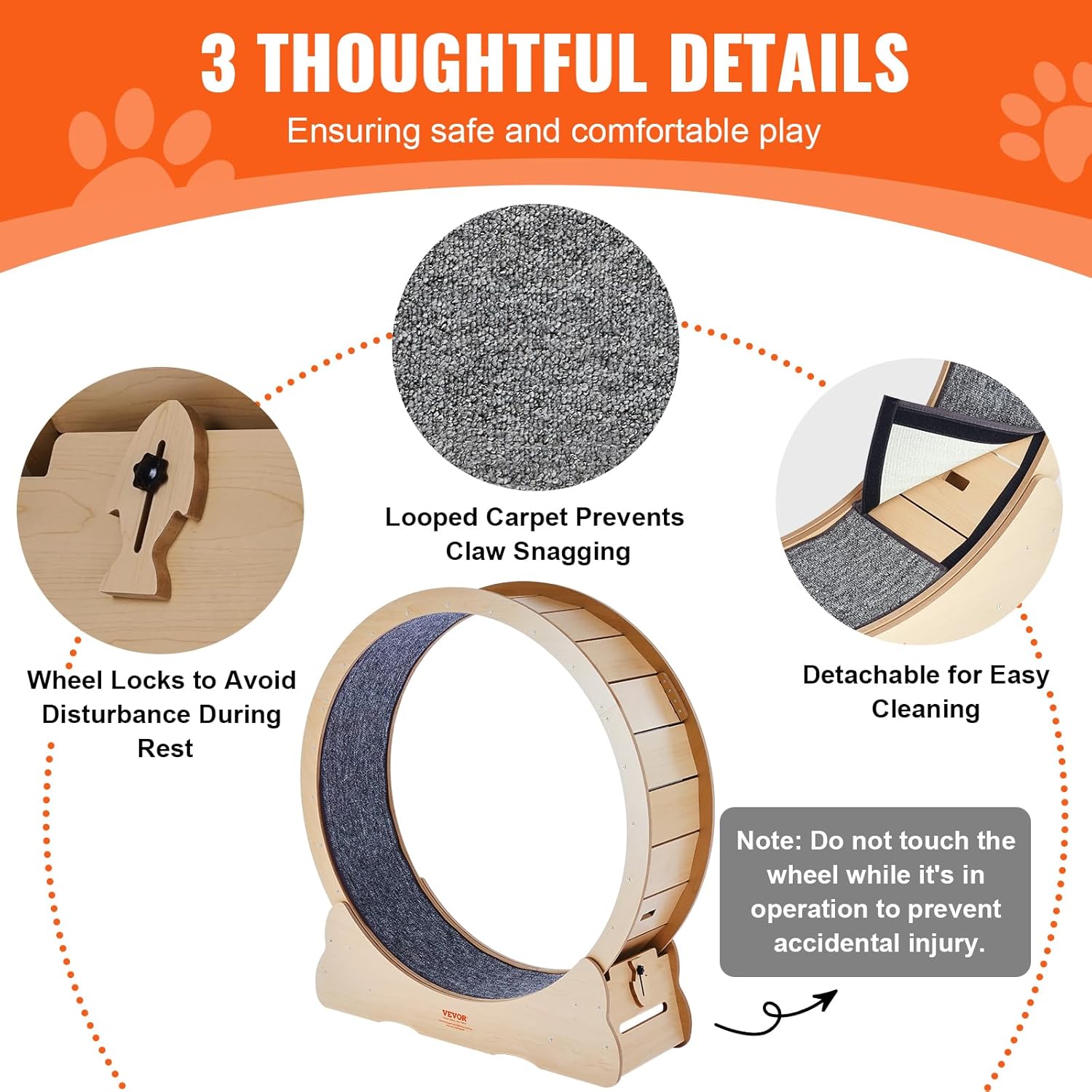 VEVOR Wooden Cat Exercise Wheel, 43.3" Large Cat Treadmill Wheel for Indoor Cats, Cat Running Wheel with Detachable Carpet & Cat Teaser for Running/Walking/Training, Suitable for Most Cats Yellow