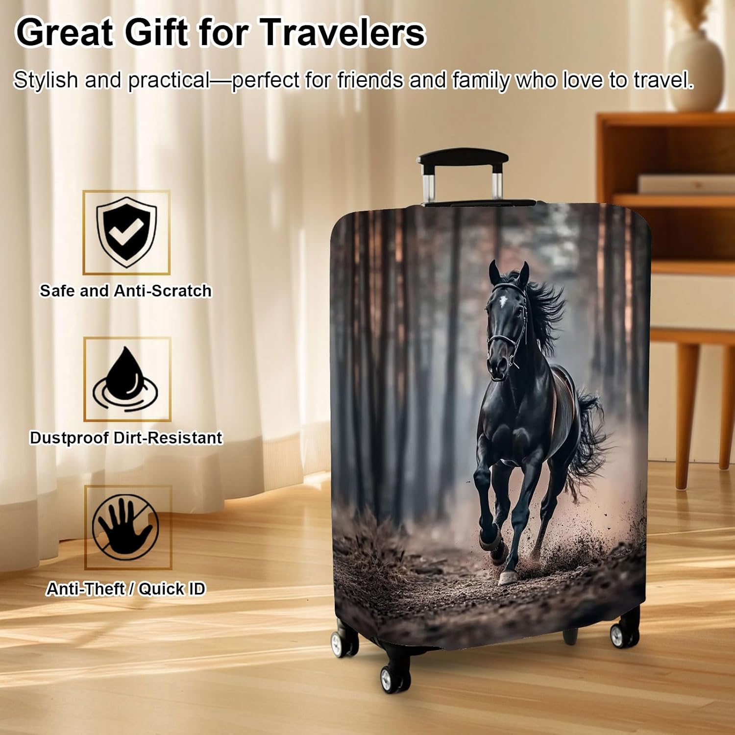 Luggage Cover Protector for 22-24 Inch Suitcases, TSA Approved Elastic Travel Suitcase Covers, Anti-Scratch Washable Luggage Sleeve for Carry On & Checked Bags, Black Horse