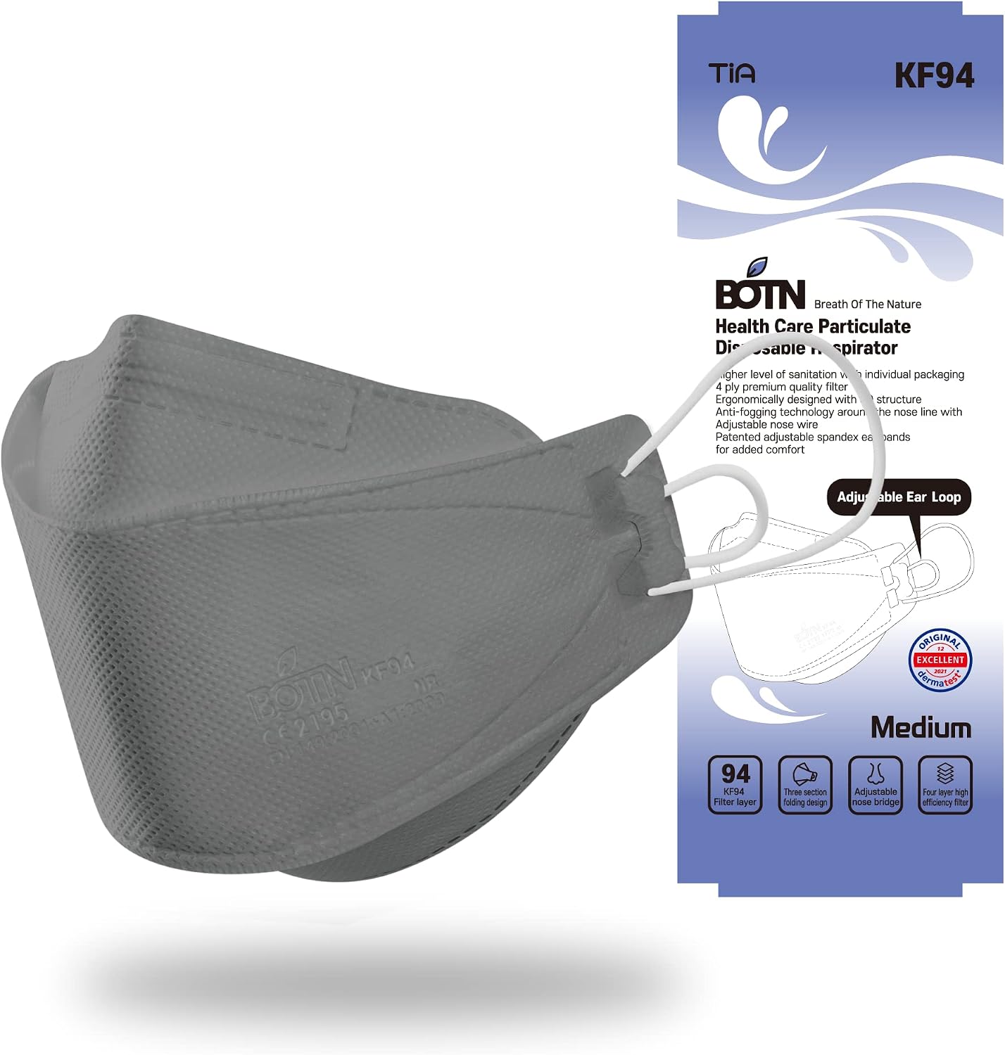 BOTN KF94 youth size 10Pcs Protective and Safety Mask, 4-Layer Filter Adjustable Strap Made in Korea (Medium, 4 Color)