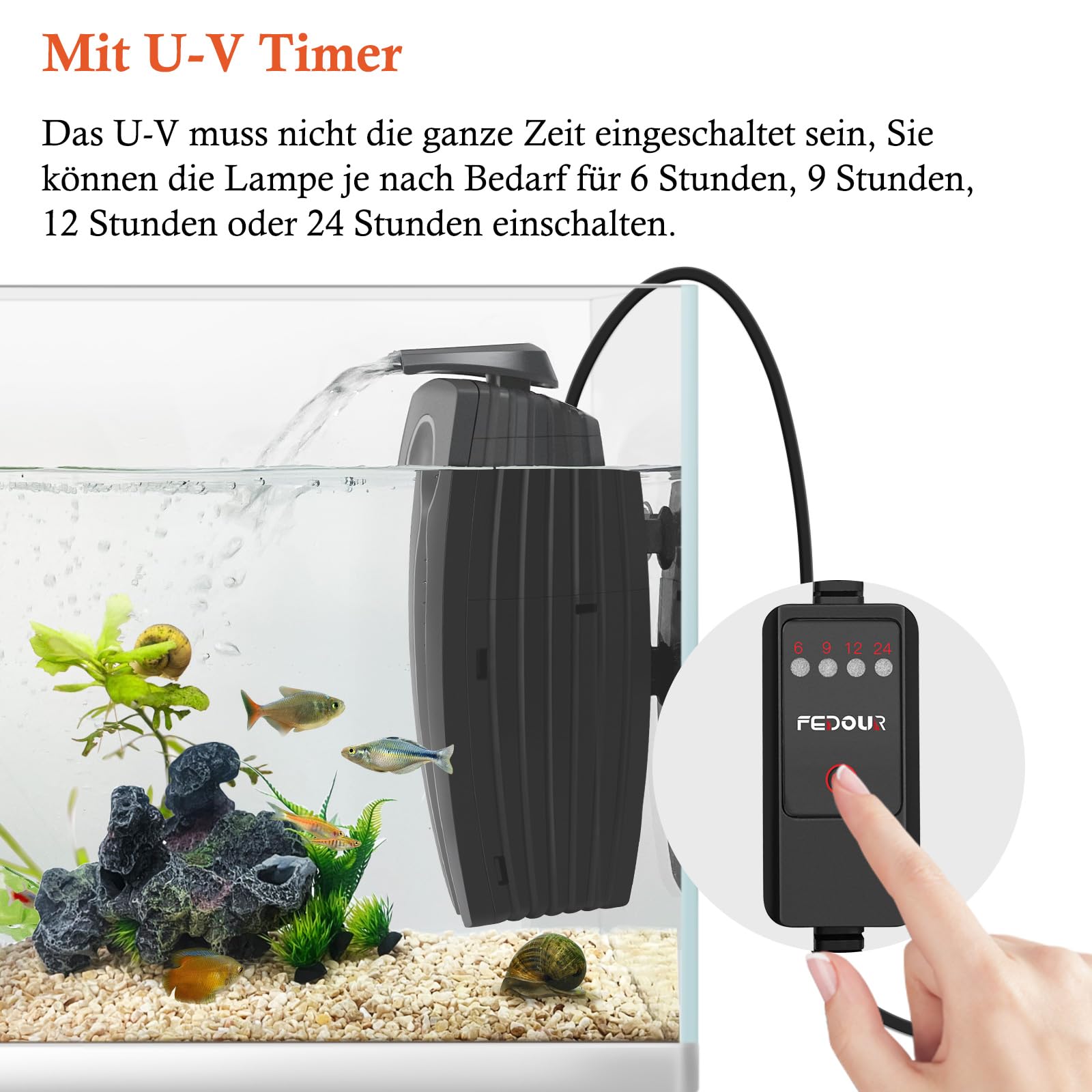 FEDOUR 600LPH Aquarium Filter U-V mit Timer, 8W einstellbare Aquarium-Filterpumpe, Unterwasser-Innenfilter für 30-180L Becken, mit biochemischer Baumwolle, Aktivkohle-Baumwolle, Keramikkugeln