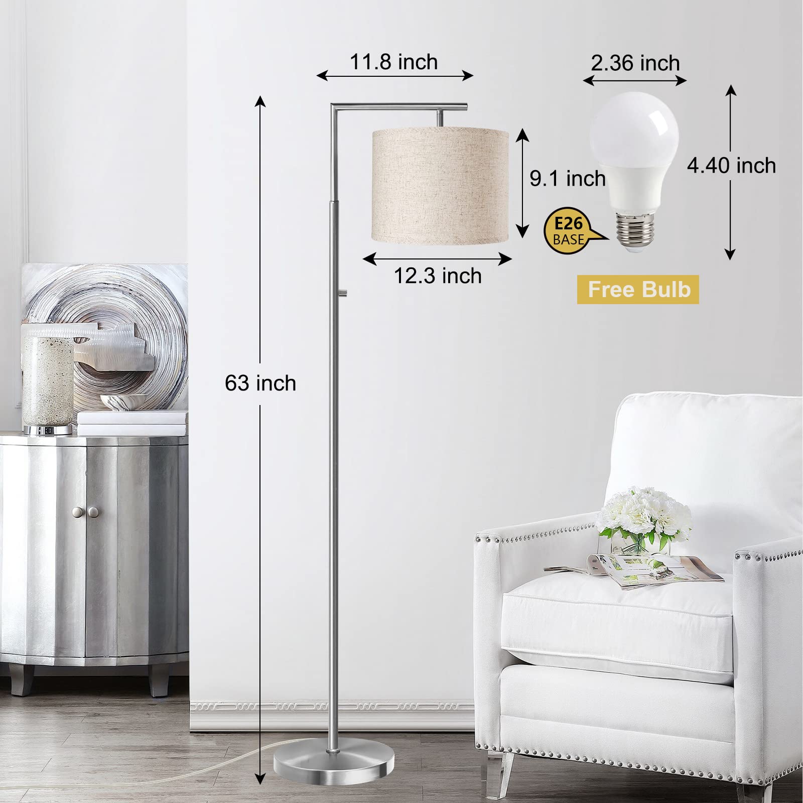 ROTTOGOON Dimmable Floor Lamp, 4-Color Temperature Modern Standing Lamp with Remote Control & Beige Shade, Tall Pole Floor Lamp for Living Room, Bedroom, Study Room, Office (LED Bulb Included) -Silver