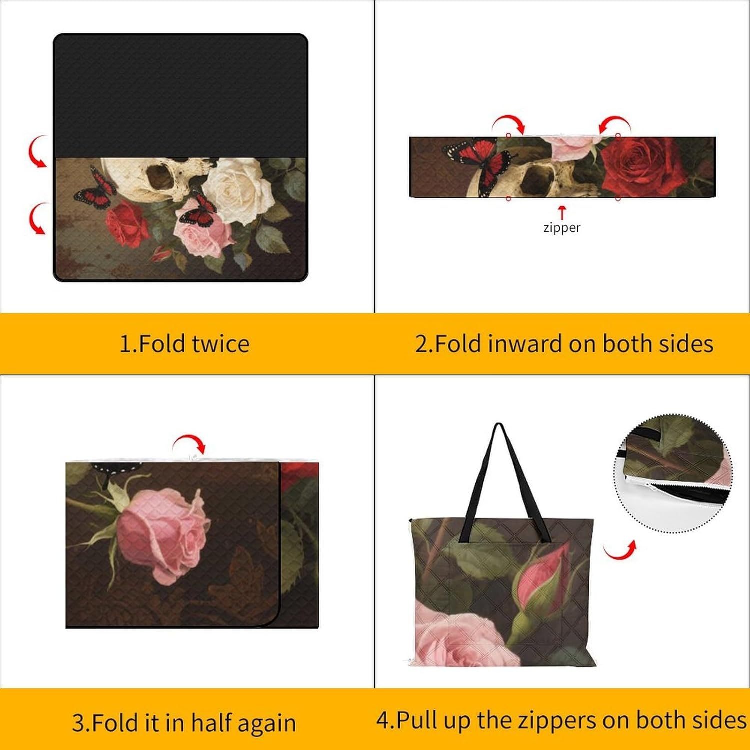 Rose Skull Picnic Blanket 200x200cm, Foldable 2-in-1 Picnic Mat and Tote Bag Portable Waterproof Beach Mat Sandproof Outdoor Blanket for Park, Hiking, Beach, Camping, Travel