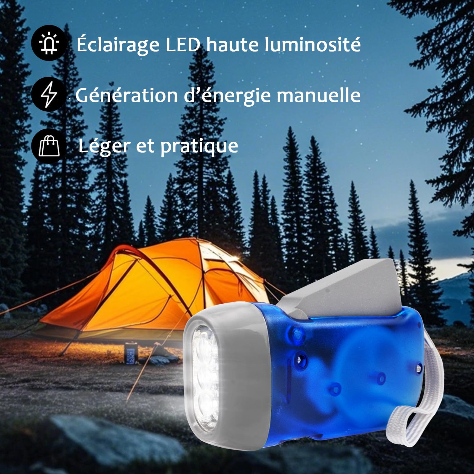 Lot de 24 Lampe Torche à Manivelle 3 LED, Lampes de Poche Portables à Énergie Manuelle pour Urgence, Camping, Randonnée, Extérieur, 4 Couleurs
