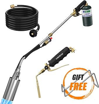 2-in-1 Propane Torch Weed Burner with Brazing Torch Tip,Heavy Duty Weed Torch with 12FT Hose, Self Igniter,Turbo Trigger,Long/Short Modes for Weeding,Roofing,Ice Melting, Soldering and BBQ