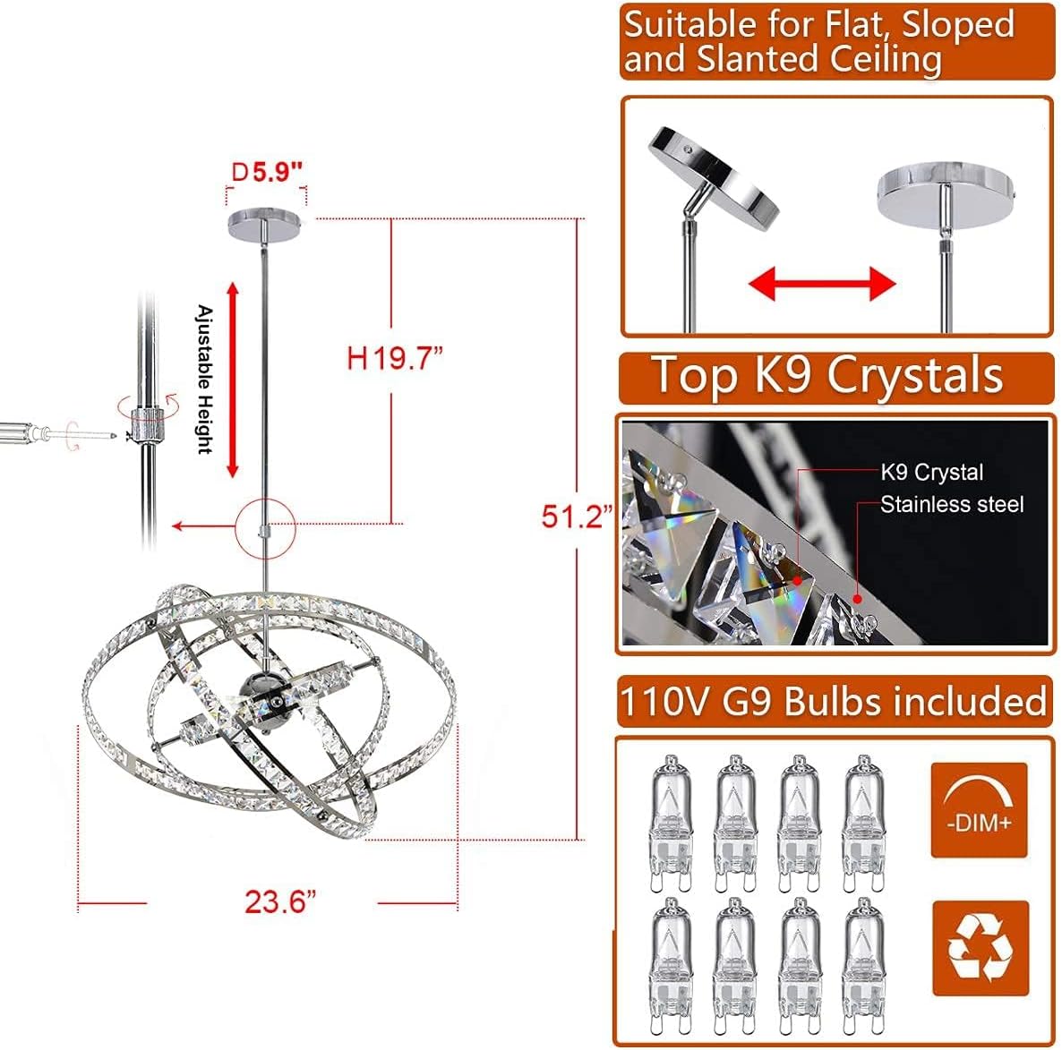 Crystal Chandeliers Modern Sphere Orb Chandelier Globe Cage Round Pendant Lights Fixtures Lighting Dining Room Contemporary Ceiling Light Adjustable Shape DIY Design D23.6 inches
