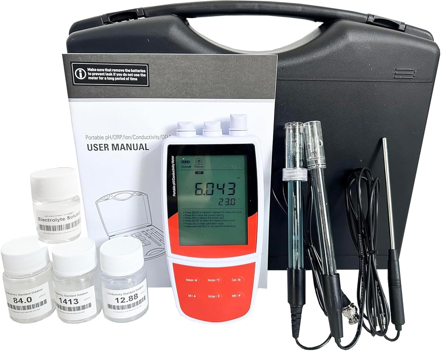 Portable Multi-Parameter Water Quality Meter PH/Conductivity/Dissolved Oxygen Tester with Standard Solutions 500 Data Memory USB Interface Automatic Temperature Compensation Auto-Read Function