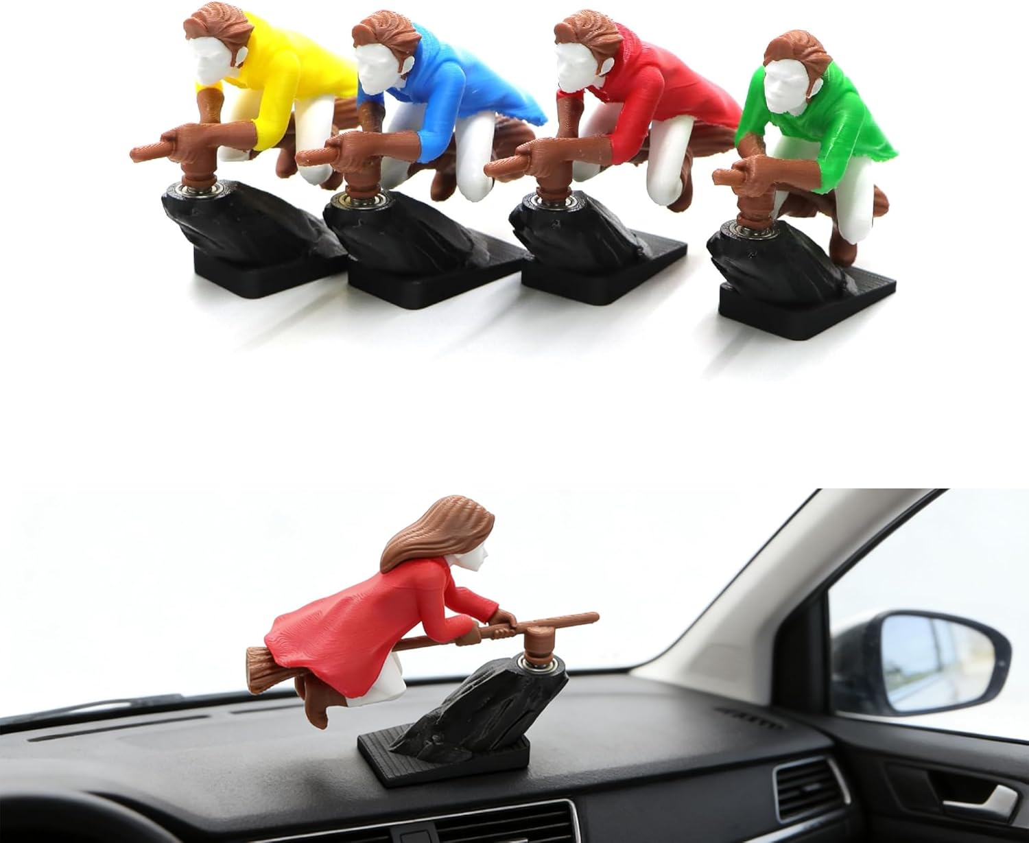 QQP Wizard Broomstick Dashboard Drift Ornament, Motion Activated Flying Car Dashboard Decor, Mini Moving Fantasy Figure Interior Accessory Gift (4pc Male)