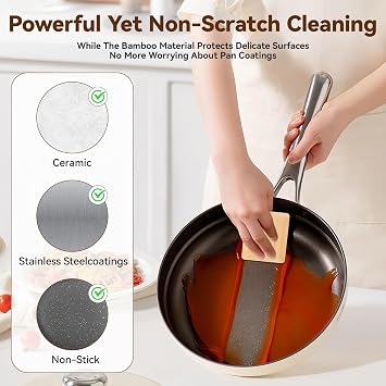 DEBETOOL 6-Pack Natural Bamboo Pan Scraper & Pot Scraper - Non-Scratch Dish Scraper for Cast Iron,Stainless Steel & Ceramic Cookware - Food Scraper Tool