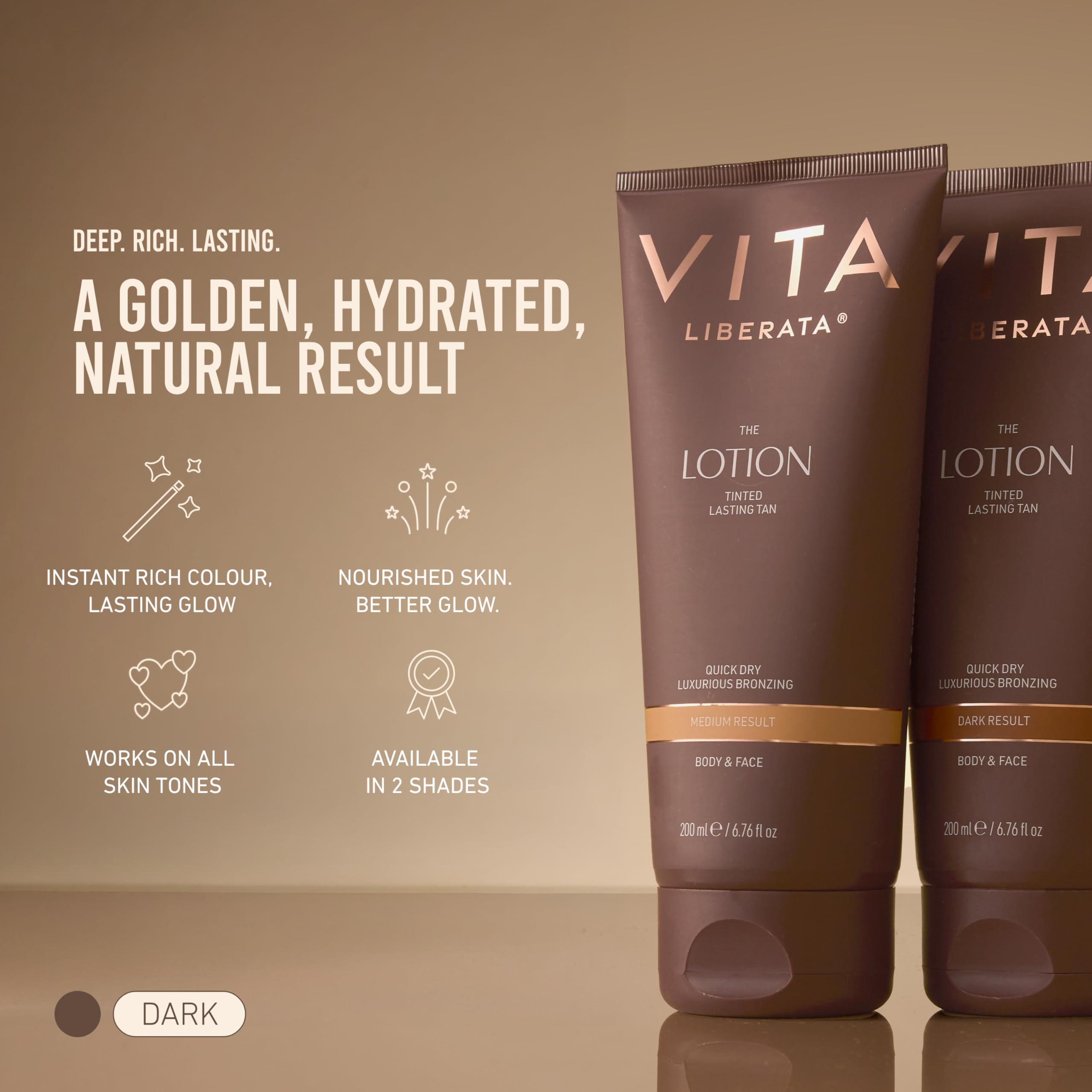 VITA LIBERATA Fabulous Loción bronceadora gradual oscura, teñida, de aspecto natural, diseñada para cara y cuerpo, fórmula de secado rápido, formulada con ácido hialurónico, 6.7 onzas líquidas