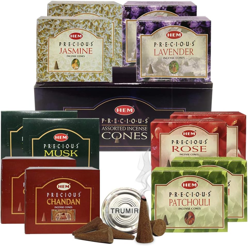 Hem Incense Cones Variety Pack #2 and Cone Incense Burner Bundle with 6 Precious Series Fragarances