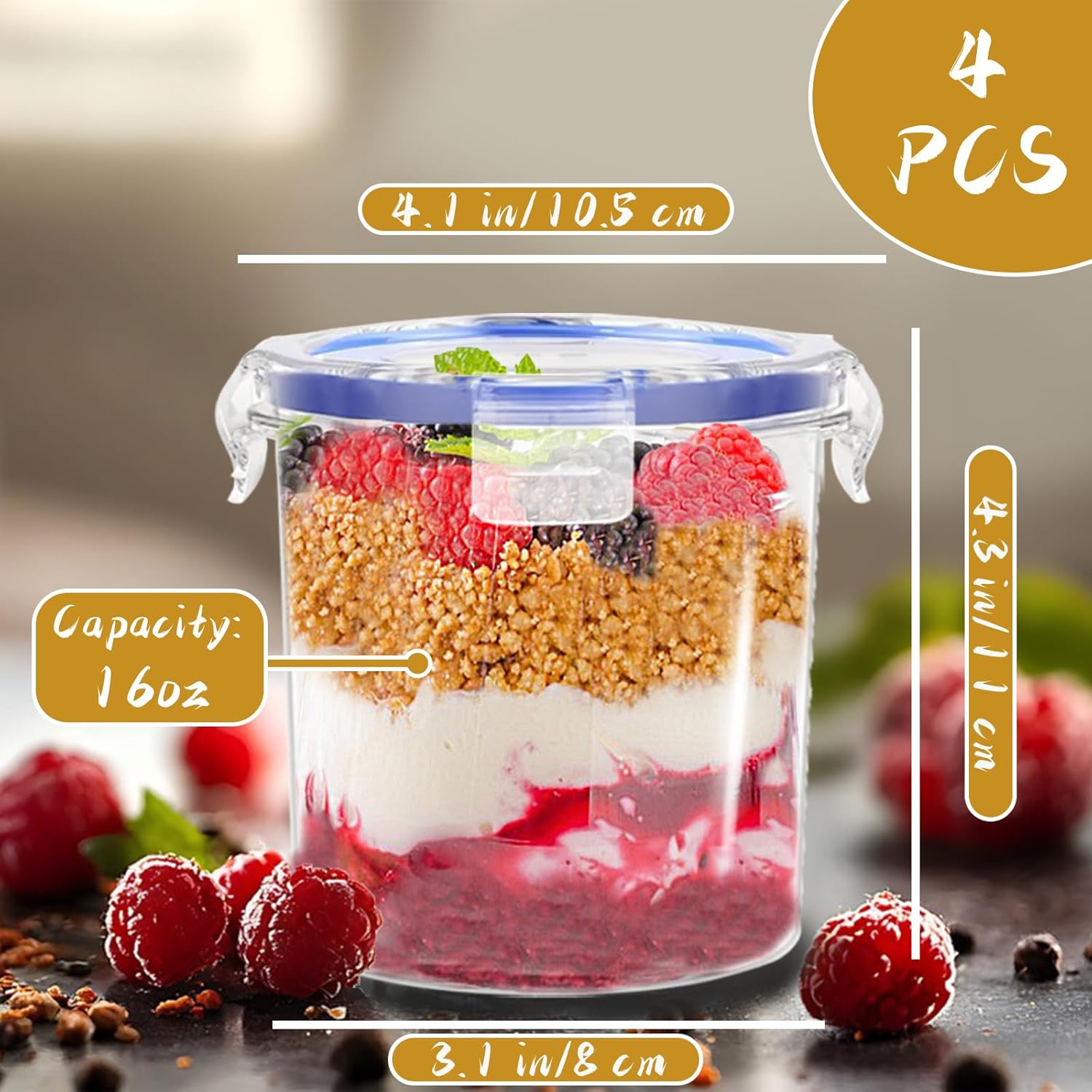 Szsrcywd 4 Pcs Overnight Oats Containers with Lids,16 oz Plastic Oatmeal Prep Container Jars,Reusable Cereal Yogurt Fruit Storage Cups for Breakfast Lunch Picnics - Image 2