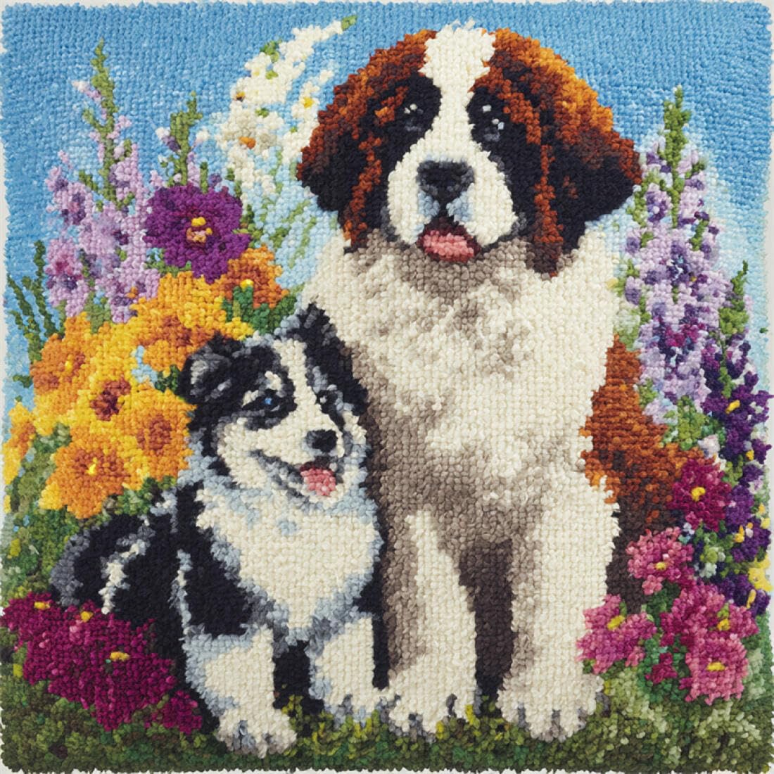 Kitquiver Animal Latch Hook Cushion Set Saint Bernard Dogs and Flowers DIY Latch Hook Kits Pattern Printed Throw Pillow Case Cushion Cover for Adults and Beginners 17x17In