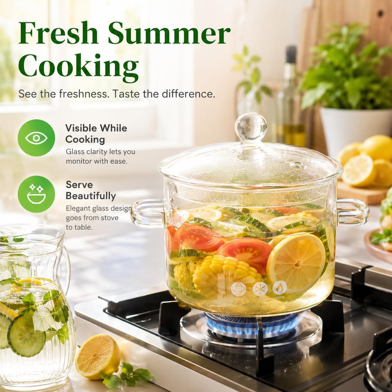 Glass Simmer Pot with Lid, Clear Glass Saucepan, Heat-Resistant Borosilicate Glass Stovetop Pot for Stove Potpourri, Saucepan Pot FIts for Cooking, Soup, Milk, Tea and Baby Food (1.35L/45OZ)