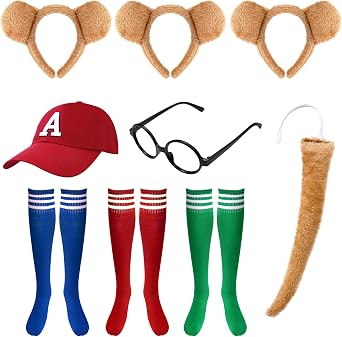 Chipmunk Costume Accessory Set - 3pcs Ears & Tails, Black Round Frame Glasses, 3 Pairs Knee-High Socks for Halloween Party
