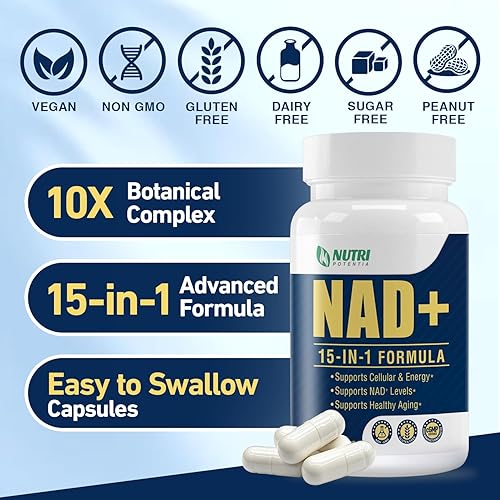 Vista 6 de Suplemento NAD+ - Suplemento de resveratrol NAD complejo 15 en 1 con té verde, cúrcuma, semilla de uva, quercetina y ácido hialurónico, apoya