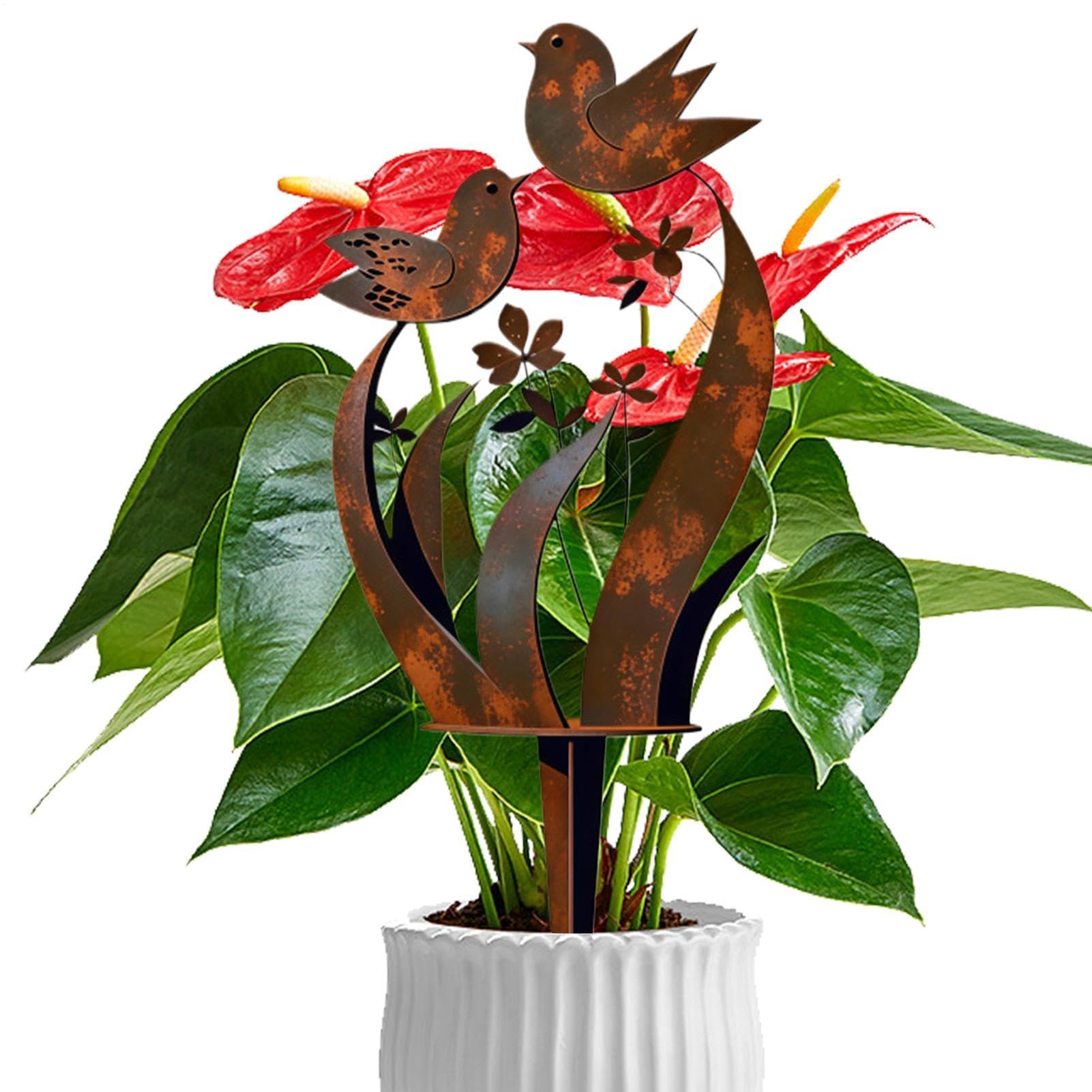Estaca de hierro para jardín con diseño de pájaro y flor rústica de 30x18 cm