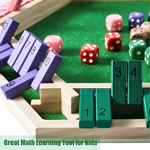 Miniatura 4 de Vamslove - Juego "Shut The Box" para 6 jugadores con 12+4 dados - Juego de mesa de madera de 6 lados colorido con números matemáticos para niños,