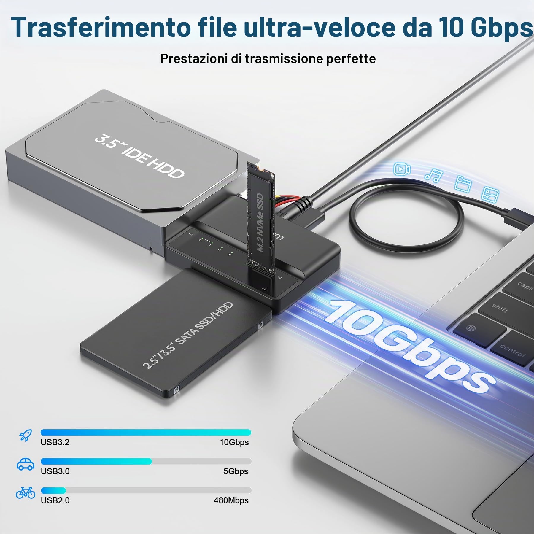 Alxum SSD Enclosure IDE M2 NVME e adattatore per HDD e SSD, adattatore da 10Gbps USB TypeC a M.2 e SATA3 e IDE per PCIe/Nvme e HDD/SSD