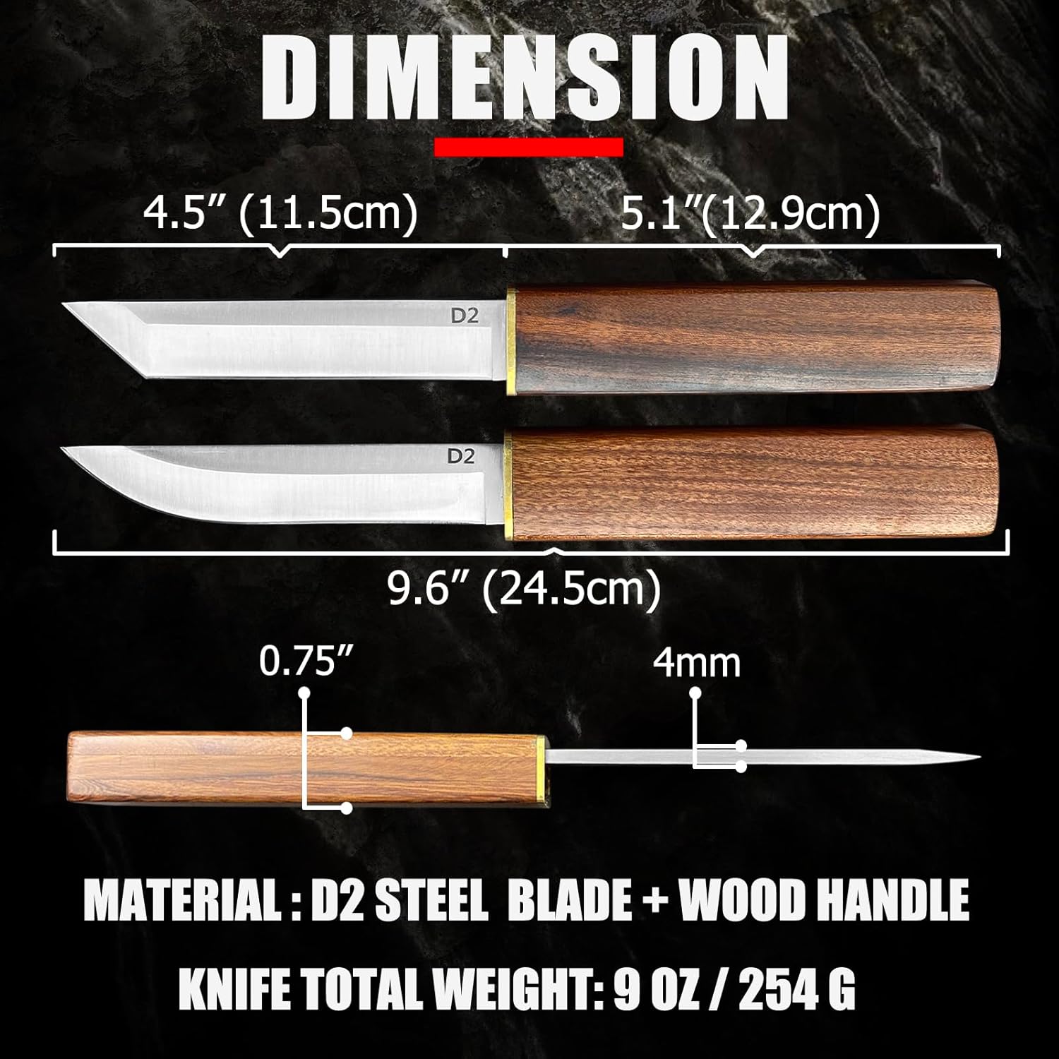 2PCS Katana Japanese Fixed Blade Knife with Wood Handle - D2 Steel Tanto Knife + Drop Point Knifes with Wood Sheath - Tactical Hiking Camping Knives Hunting Survival Tools - Image 2