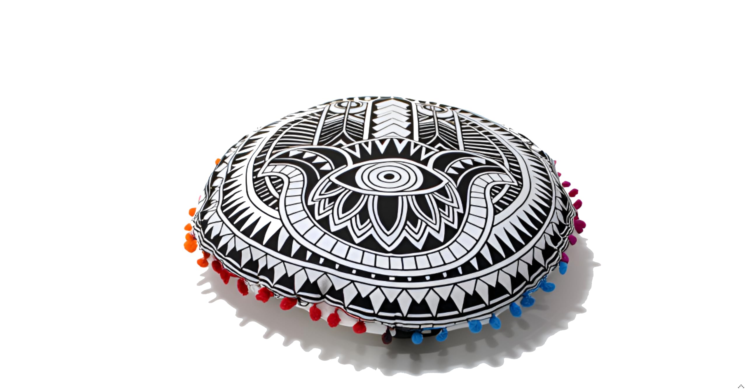 Round Mandala Floor Pillow Cover Seating Cushion Throw Cover Hippie Decorative Bohemian Ottoman Pouf Cover, Pom Pom Pillow Cases,Boho Indian Black, 22" Round