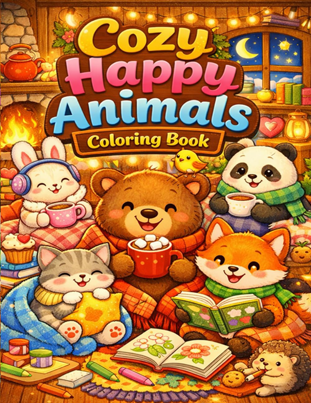 Cozy Happy Animals Coloring Book: Cute & Cozy Coloring Pages for Kids, Teens, and Adults