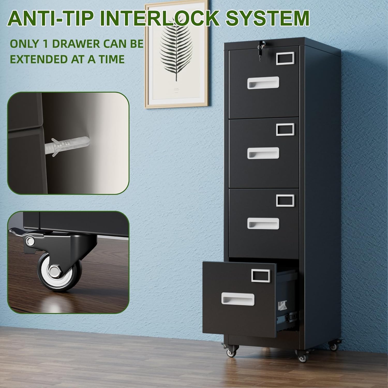 Aobabo 4 Drawer File Cabinet with Lock and Wheels, Metal Vertical Filing Cabinet with Anti-Tilt Interlock System for Home Office, Fits Letter/Legal Size, Black,Required Assembly
