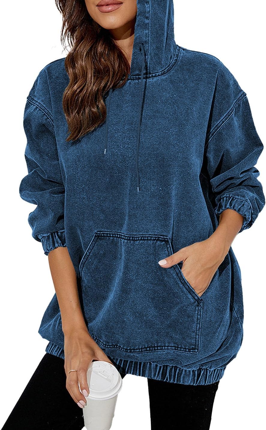 Women's Denim Hoodie Long Sleeve Pullover Sweatshirts Jean Jacket with Pockets - Image 2