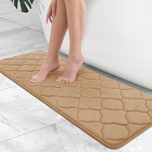 OLANLY Memory Foam Bath Mat Rug 47x17, Ultra Soft Non Slip and Absorbent Bathroom Rug, Machine Wash Dry, Comfortable, Thick Bath Rug Carpet for Bathroom Floor, Tub and Shower, Dark Beige