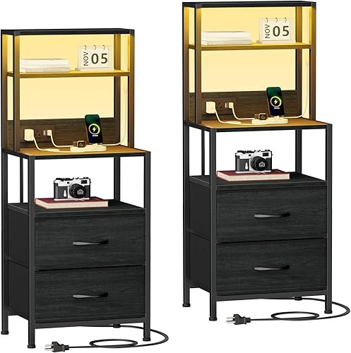 Miniatura 11 de Furnulem Mesita de Noche, Mesita Alta con 4 Estantes, 2 Cajones de Tela y Tubo de Luz, Mesas Auxiliares con Estación de Carga, Mesa de Noche para