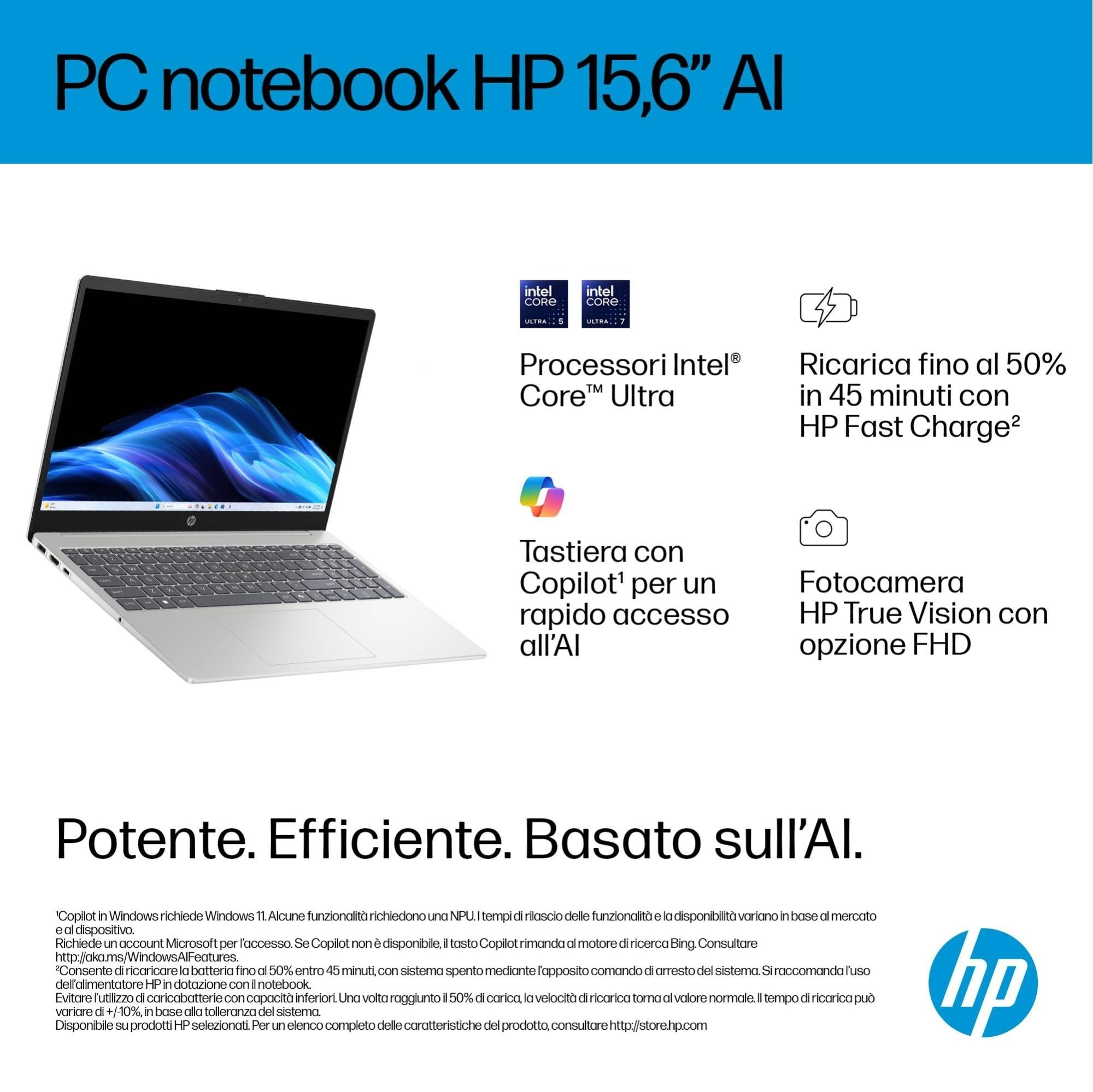 HP Laptop 15-fd1004sl, PC Portatile 15", Display FHD, Notebook, (Intel Core Ultra 7 155H, RAM 16GB, SSD 512GB, Windows 11), Computer Portatile, Uso quotidiano, Tastiera Italiana, QWERTY, Argento