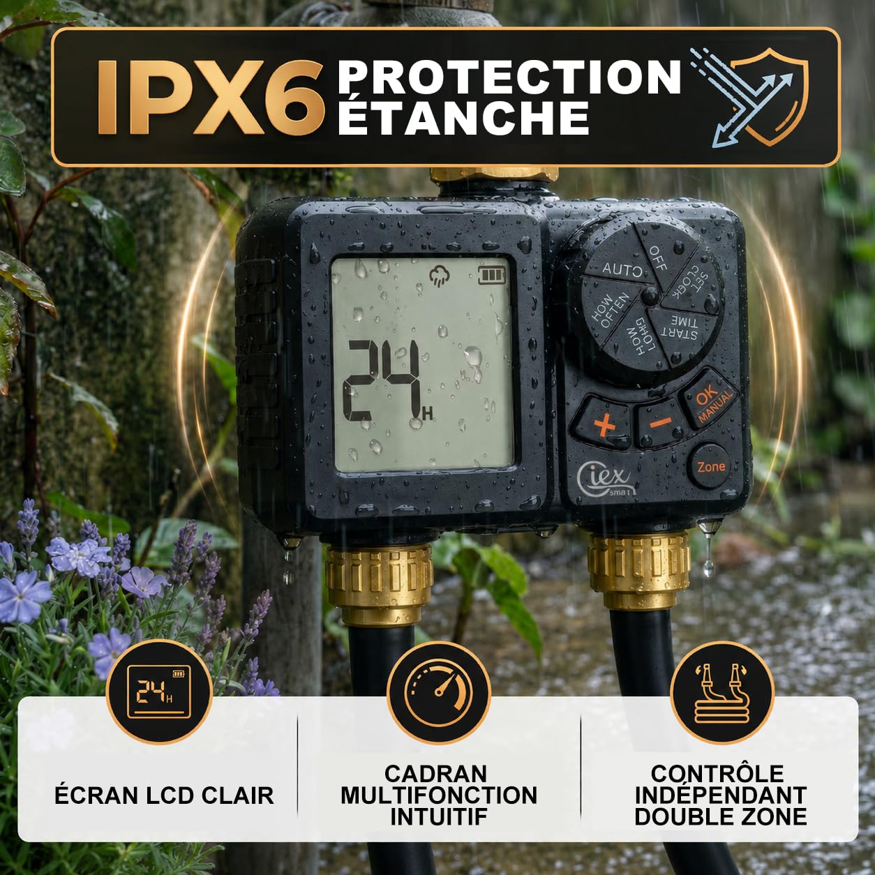 GIEX Ordinateur d'arrosage 2 voies, minuterie d'arrosage rechargeable 2 zones avec connecteur en laiton, minuterie d'eau programmable avec IP66, retard de pluie et irrigation manuelle pour jardin
