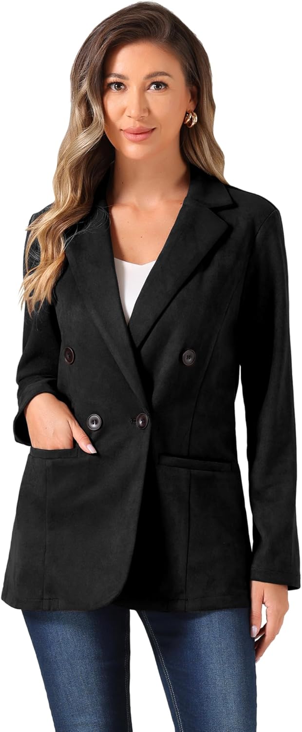 Allegra K Faux Suede Blazer for Women's Business Casual Lapel Collar Double Breasted Suit Jacket