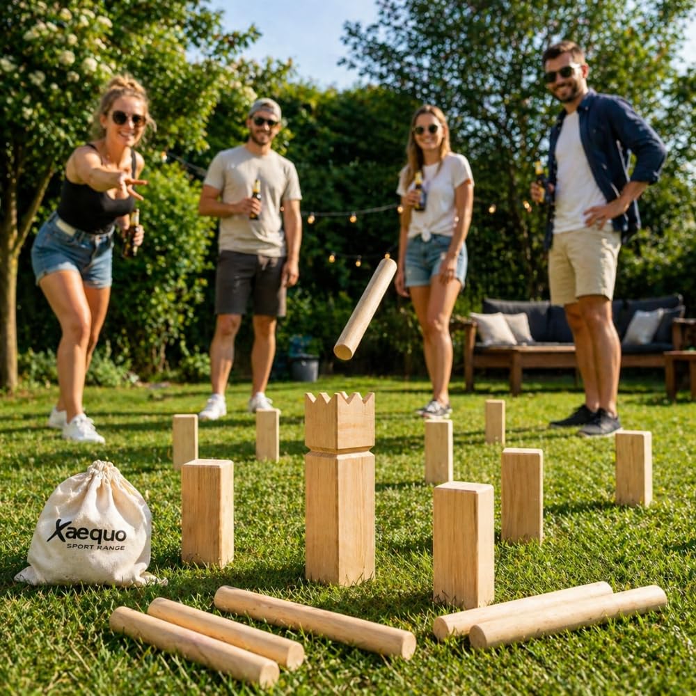 SHOP-STORY Jeu de Kubb en Bois, 21 Pièces, pour 2 à 12 Joueurs, Jeu d'Adresse d'Extérieur, avec Filet de Rangement, Dès 6 Ans