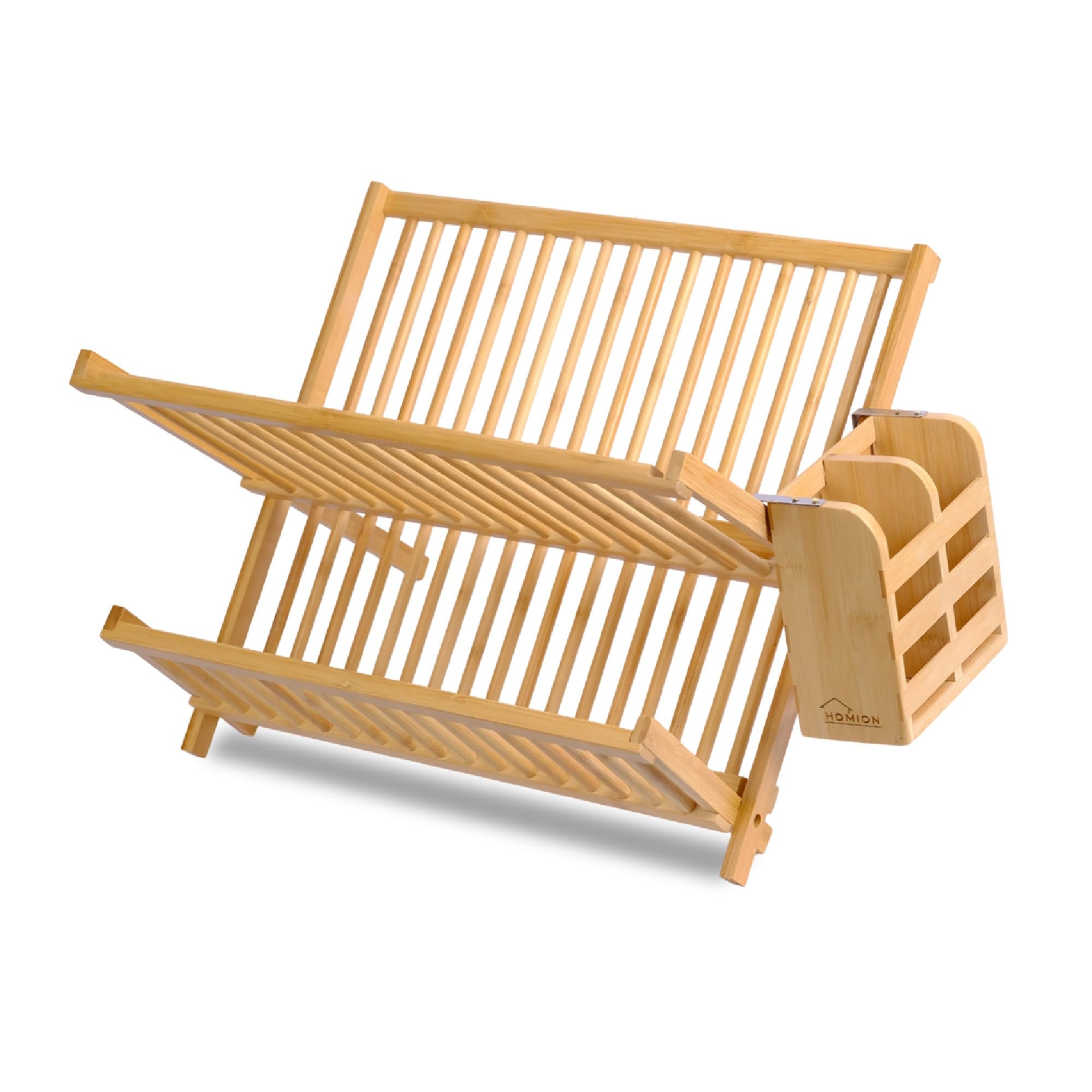 Dish Drainer Drying Rack Folding 2 Tier Drainer Dish Drying Rack with Cutlery Holder Utensils Holder Set Engineered Wood X-shape Round Slats Easily Foldable Compact and Space Saving Tidy Plates