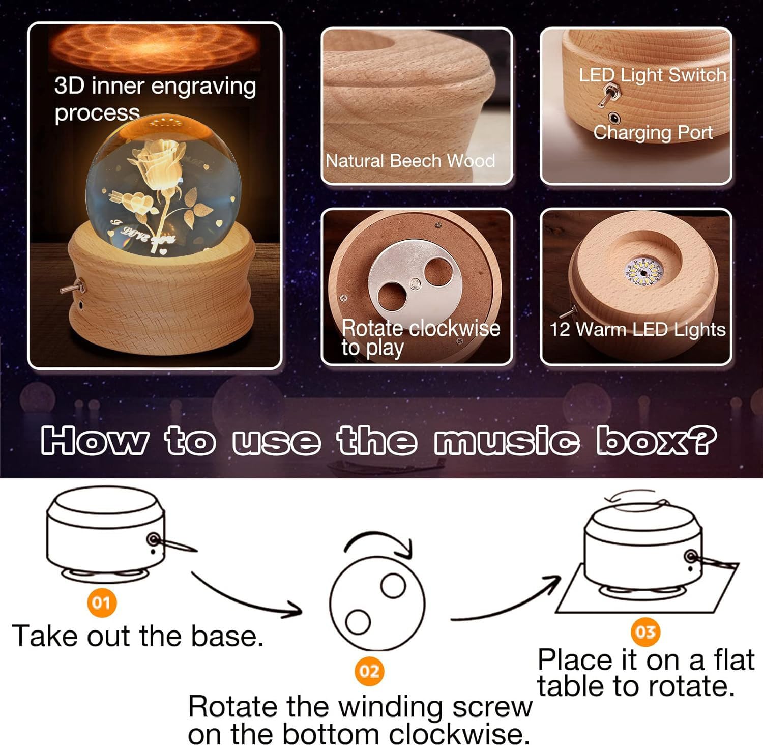 Boîte à Musique Boule de Cristal 3D, Boîte à Musique Rotative Éclairée à 360° avec Projection de Lumière et Support en Bois, Cadeau pour Enfants, Femme et Mère(Rose)